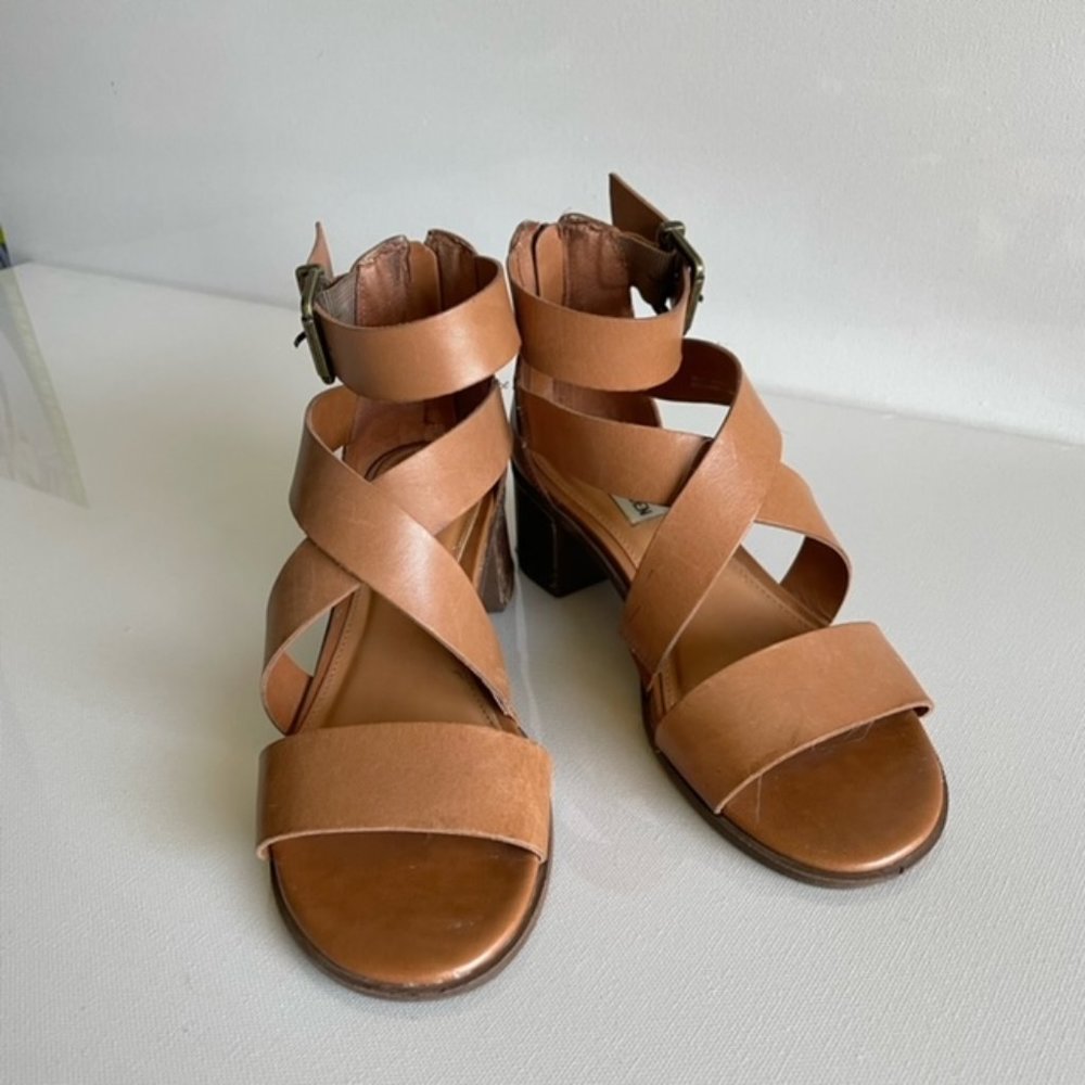 Steve Madden Raeleen Ankle Strap Criss Cross Block Heels in Cognac, size 6.5